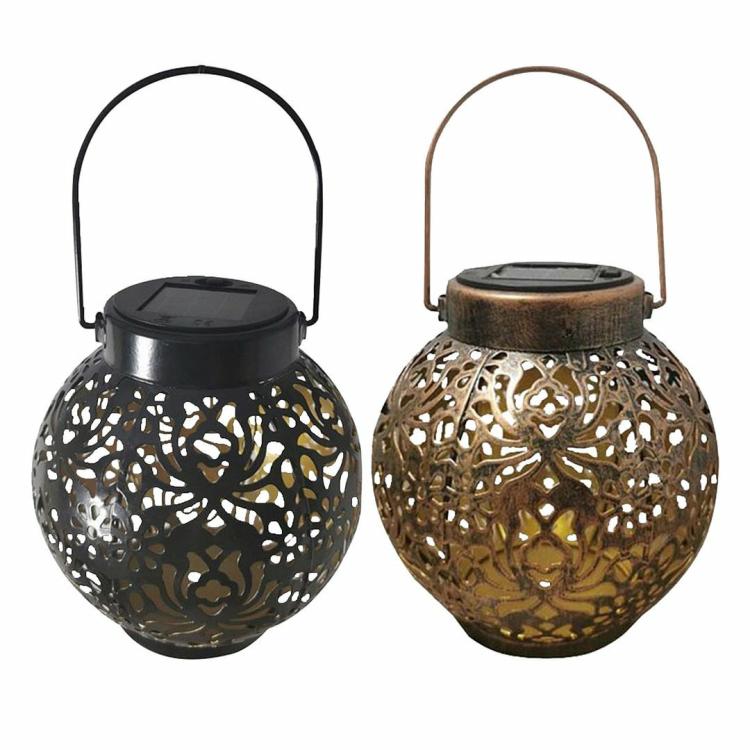 Solar Lighting | LED Metal Solar Lantern Light Outdoor Waterproof Hollow Projection Lamps Lighting Black Spherical Pendant Lantern/Copper Spherical Pendant Lanterns